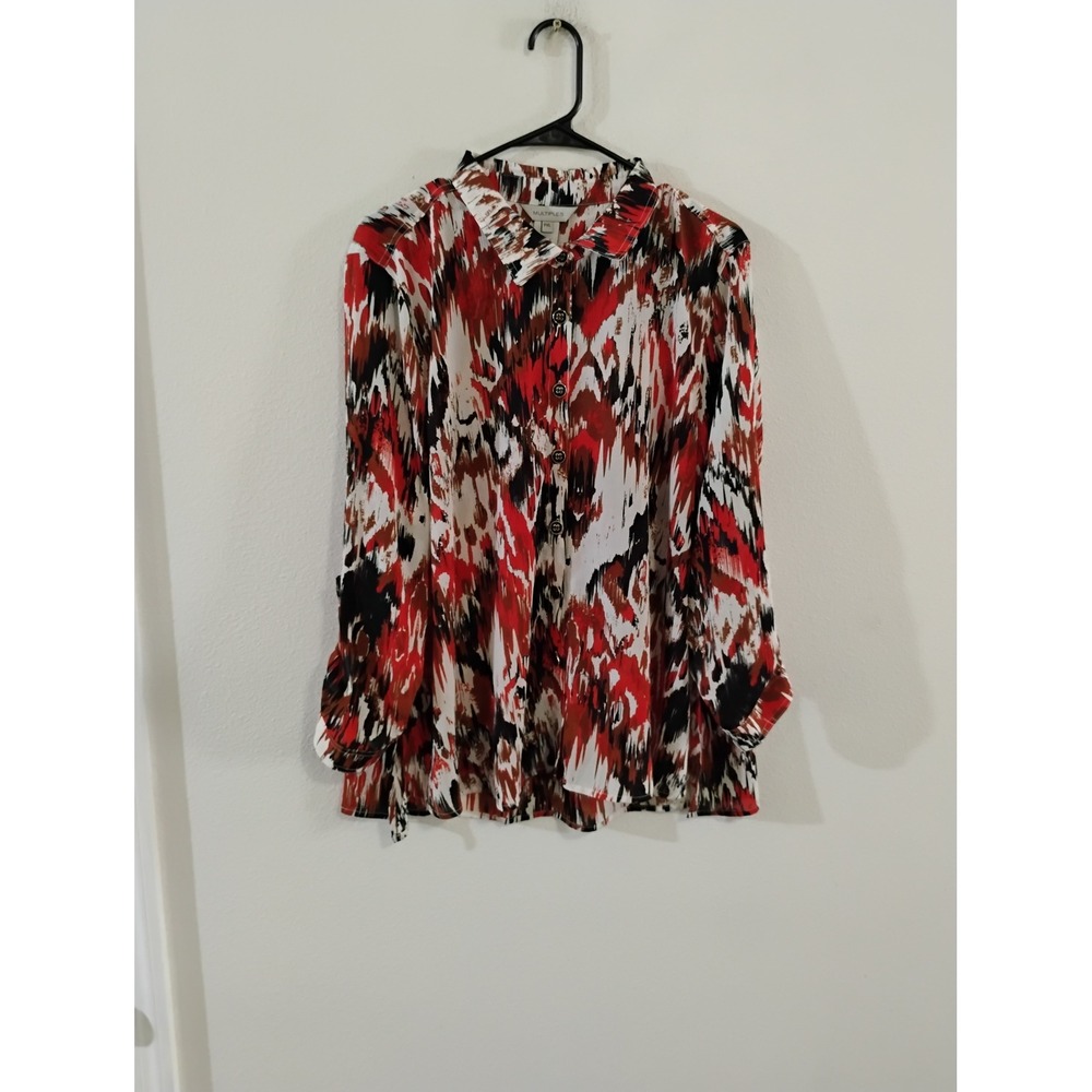 Multiples Petite XL Red Black Abstract Ikat Print Button Front Blouse Top PXL